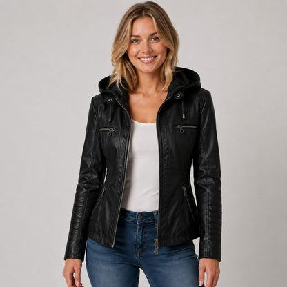 Faux Leather Hooded Moto Jacket in Black