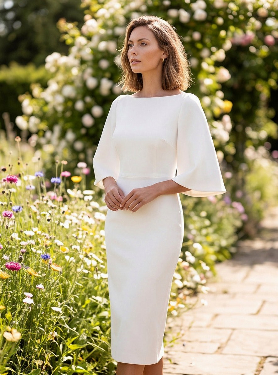 Flare Sleeve Boat Neck Midi Dress in White