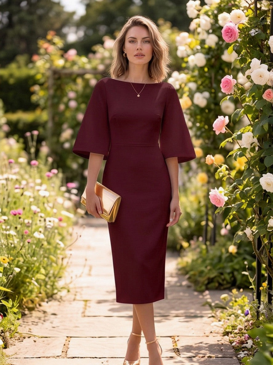 Flare Sleeve Boat Neck Midi Dress