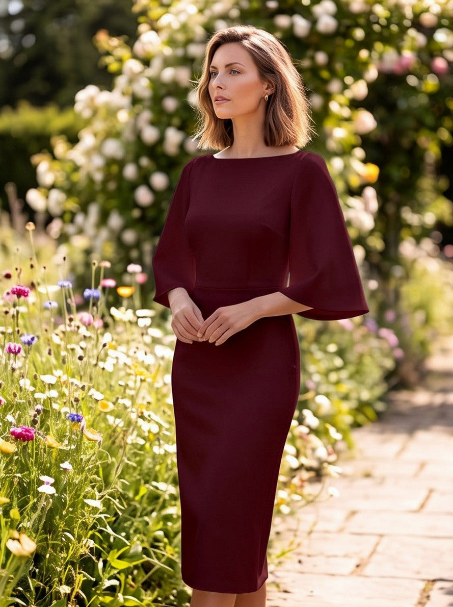 Flare Sleeve Boat Neck Midi Dress in Burgundy