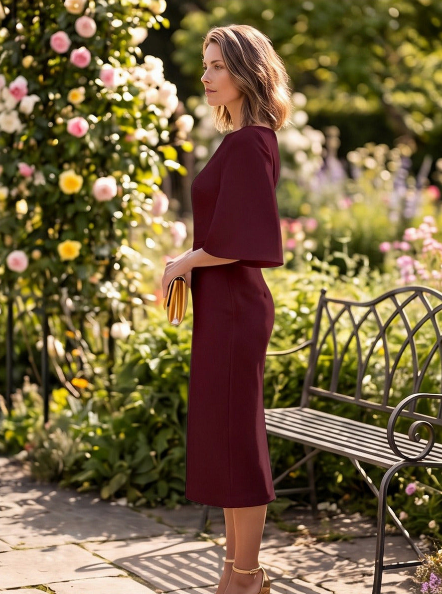Flare Sleeve Boat Neck Midi Dress