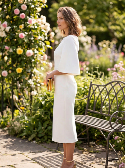 Flare Sleeve Boat Neck Midi Dress