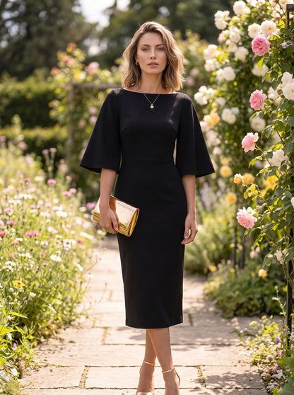 Flare Sleeve Boat Neck Midi Dress in Black