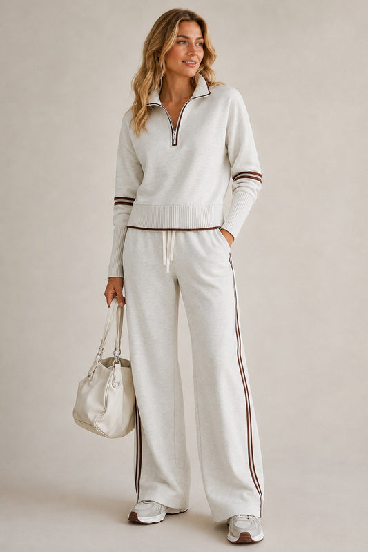 Knit Half Zip Two Piece Set in White