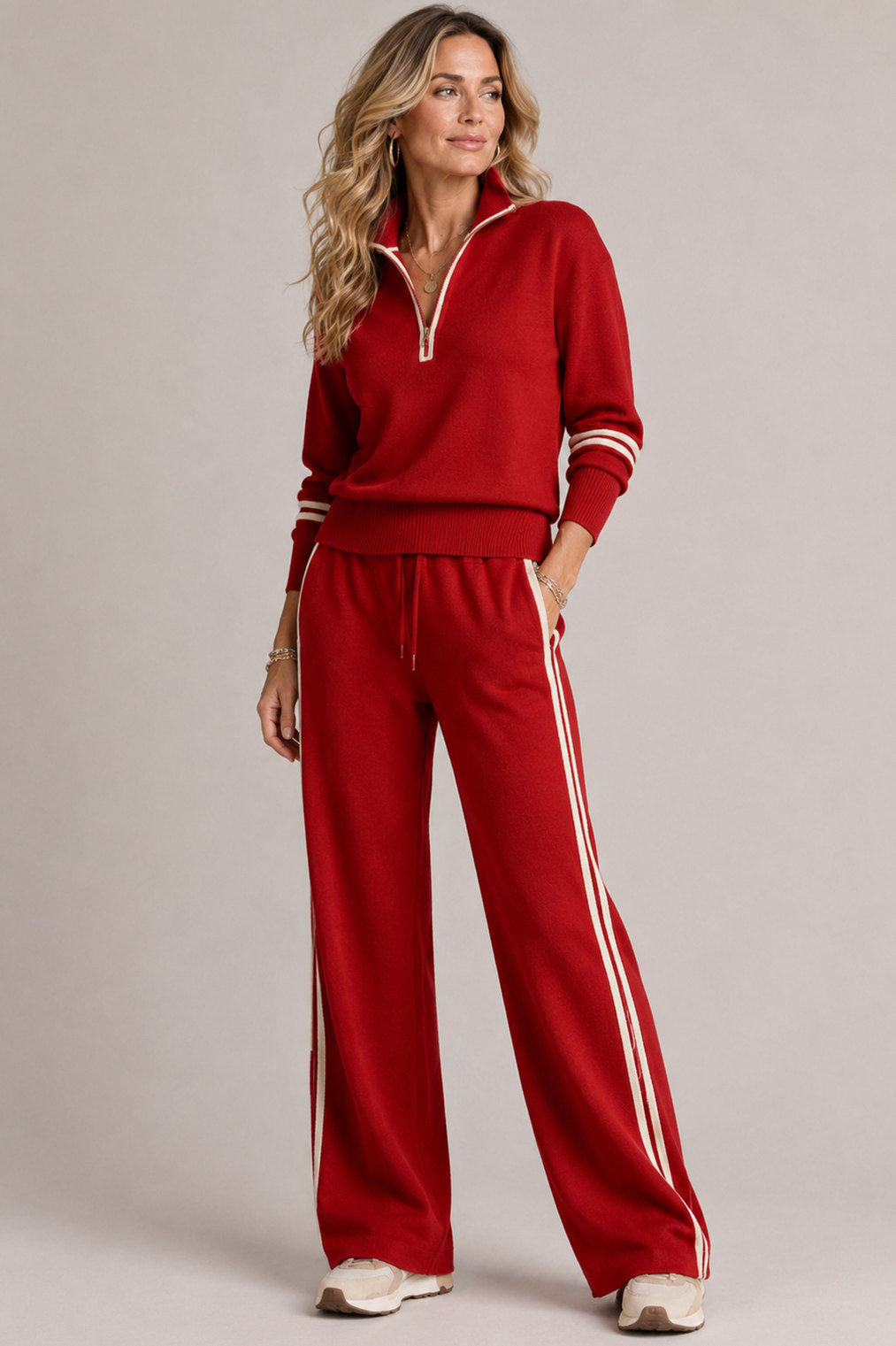 Knit Half Zip Two Piece Set in Red