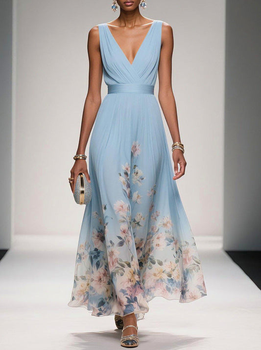 Floral Pleated Empire Maxi Dress in Light Blue