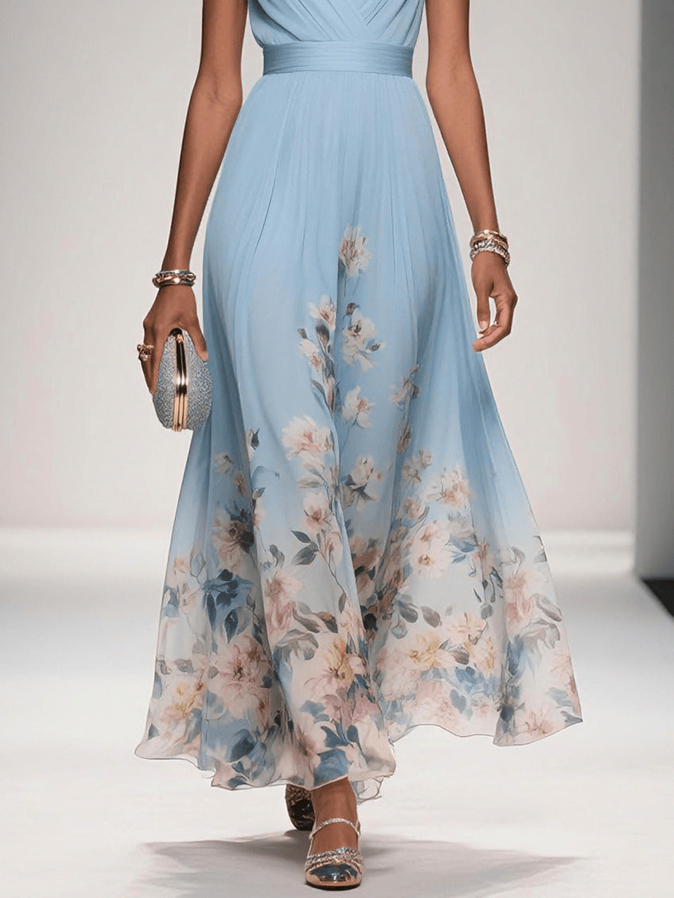 Floral Pleated Empire Maxi Dress
