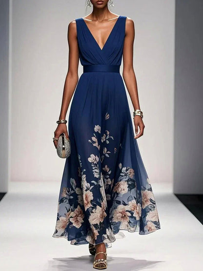 Floral Pleated Empire Maxi Dress in Navy Blue