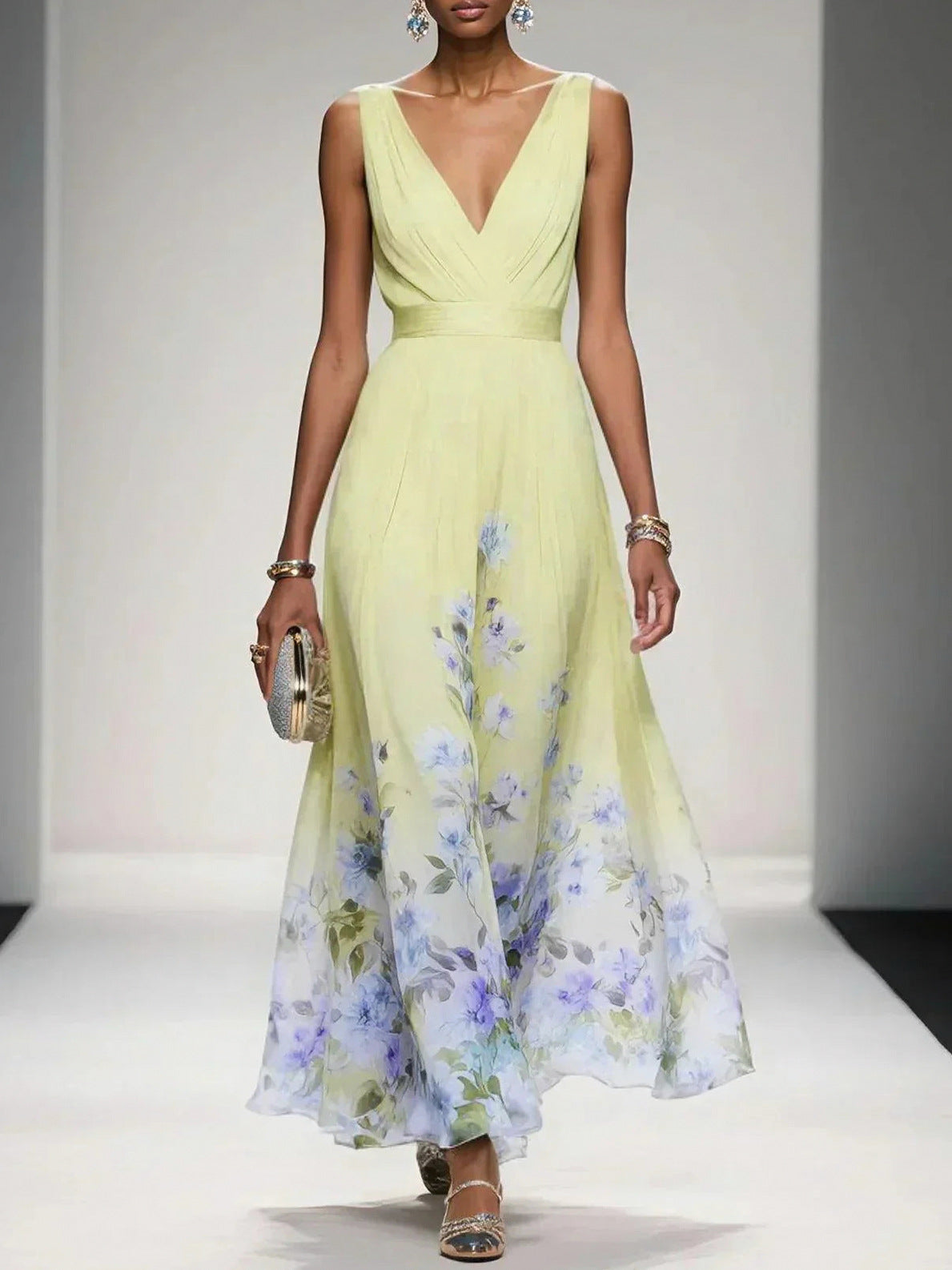 Floral Pleated Empire Maxi Dress in Yellow