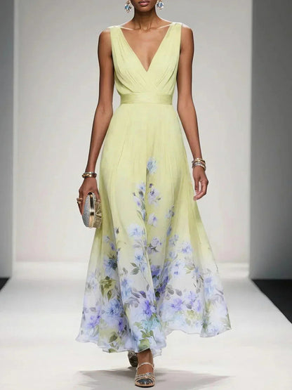 Floral Pleated Empire Maxi Dress in Yellow