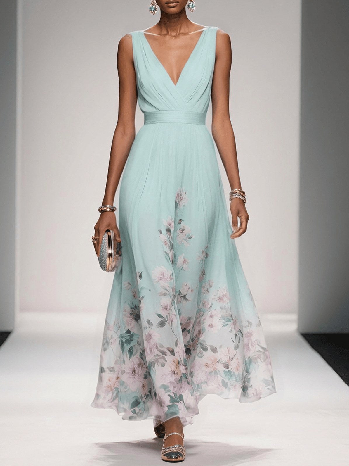 Floral Pleated Empire Maxi Dress in Light Green