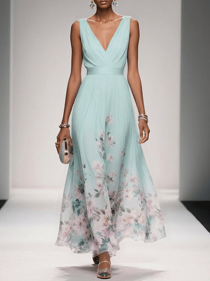 Floral Pleated Empire Maxi Dress in Light Green