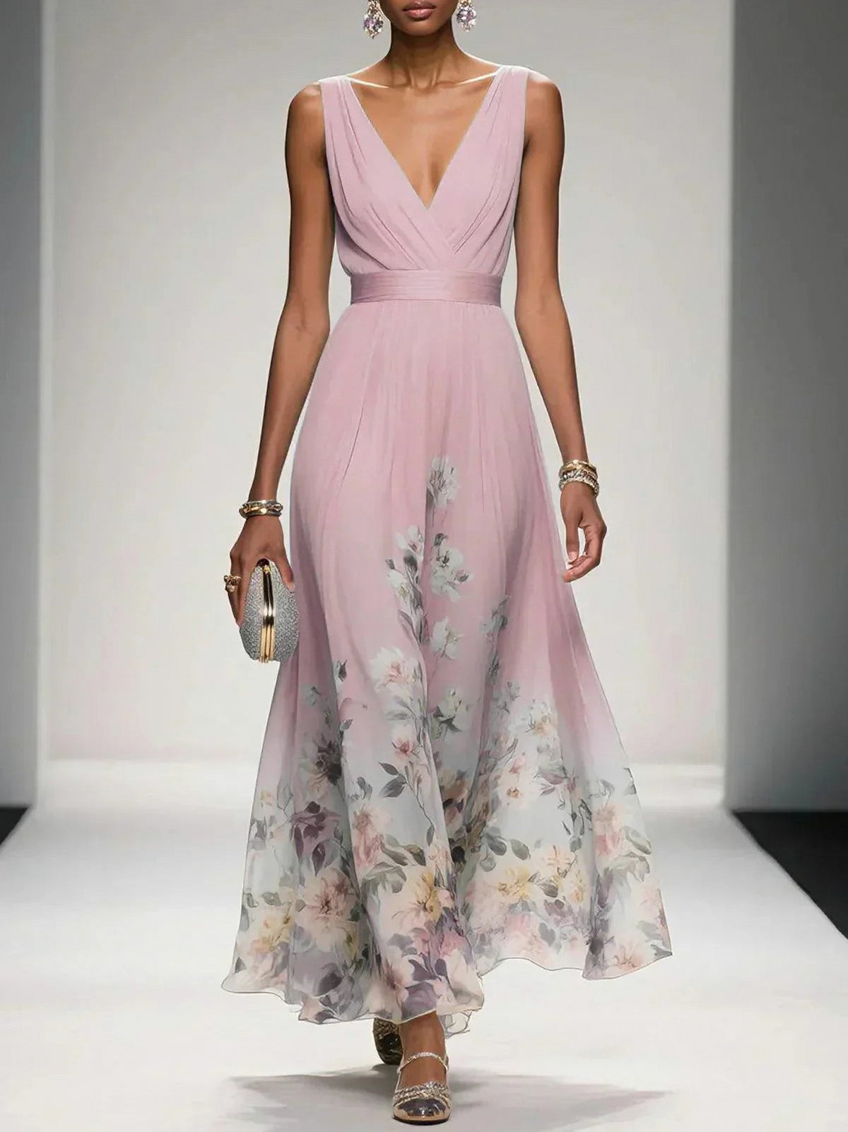 Floral Pleated Empire Maxi Dress in Pink