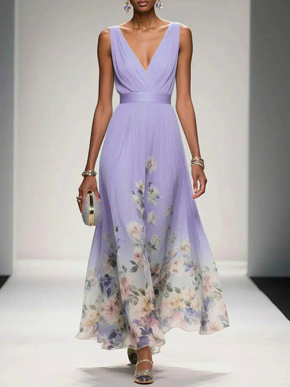 Floral Pleated Empire Maxi Dress in Purple