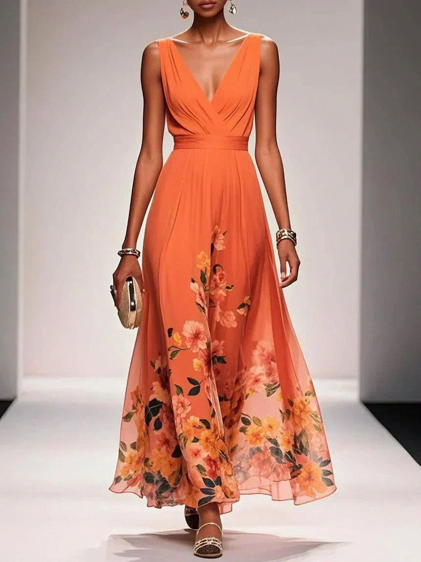 Floral Pleated Empire Maxi Dress in Orange