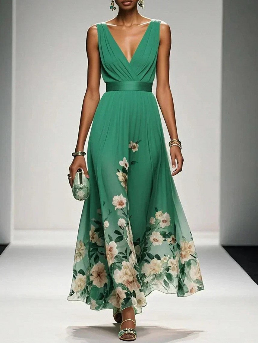Floral Pleated Empire Maxi Dress in Green