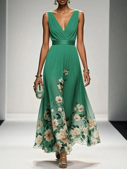 Floral Pleated Empire Maxi Dress in Green