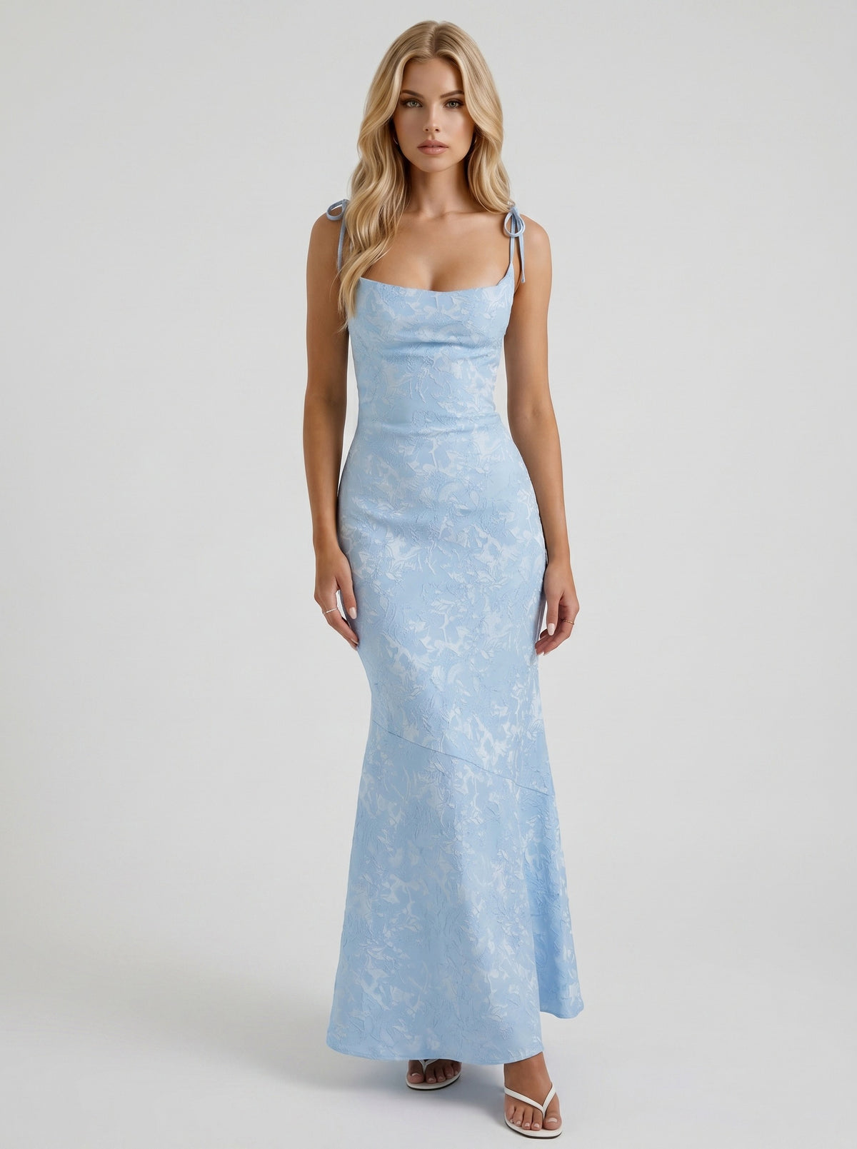 Floral Tie Strap Maxi Dress in Light Blue