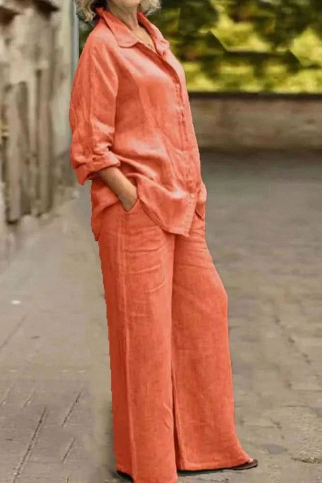Gauze Button Down Two Piece Set in Orange