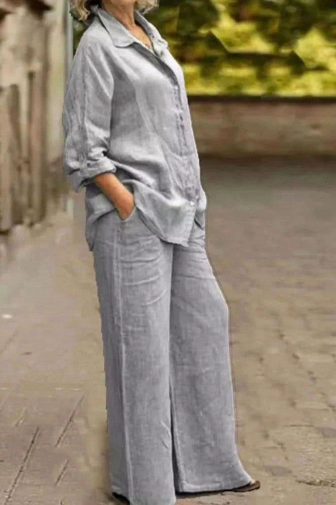 Gauze Button Down Two Piece Set in Light Gray