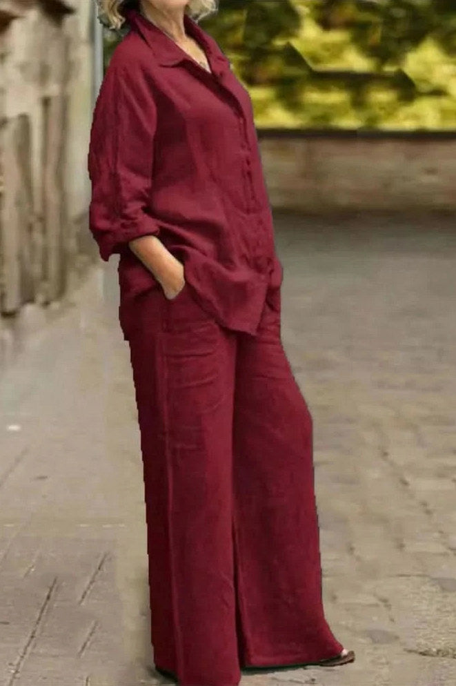 Gauze Button Down Two Piece Set in Burgundy