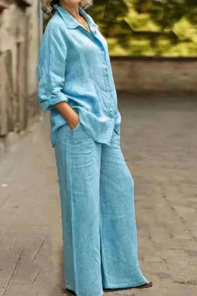 Gauze Button Down Two Piece Set in Sky Blue