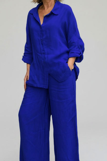 Gauze Button Down Two Piece Set in Deep Blue