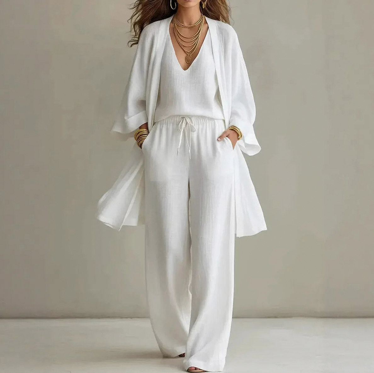 Gauze Three Piece Wide Leg Pant Set in White
