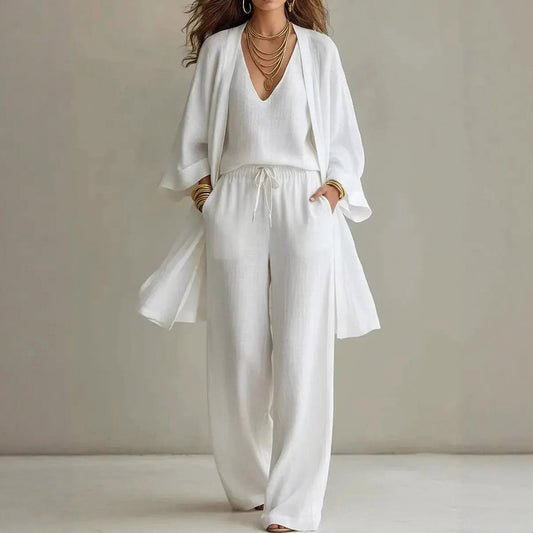Gauze Three Piece Wide Leg Pant Set in White