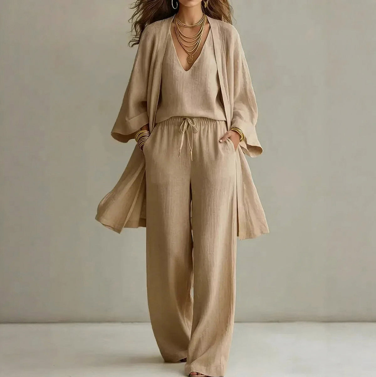 Gauze Three Piece Wide Leg Pant Set in Khaki