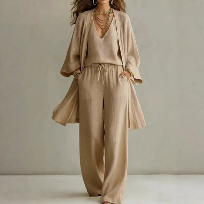 Gauze Three Piece Wide Leg Pant Set in Khaki
