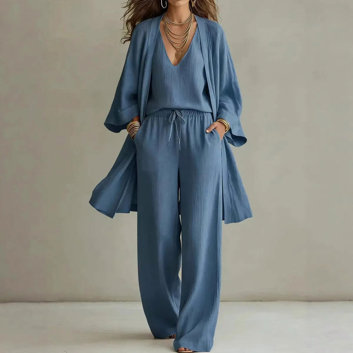 Gauze Three Piece Wide Leg Pant Set in Blue