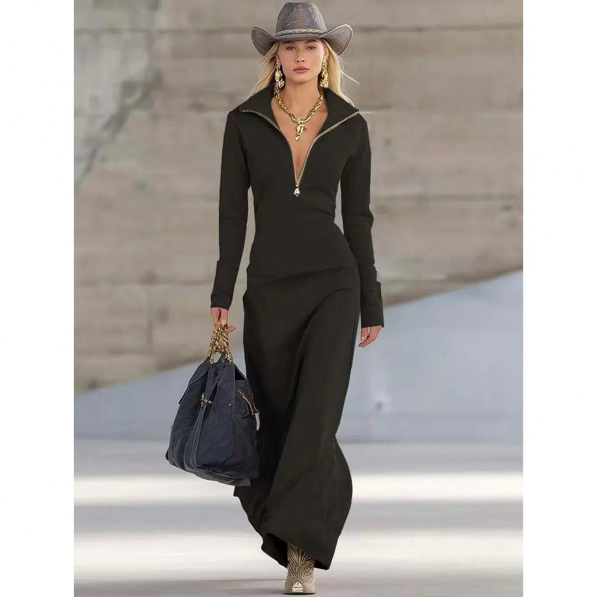 Half Zip Drop Waist Maxi Dress in Black