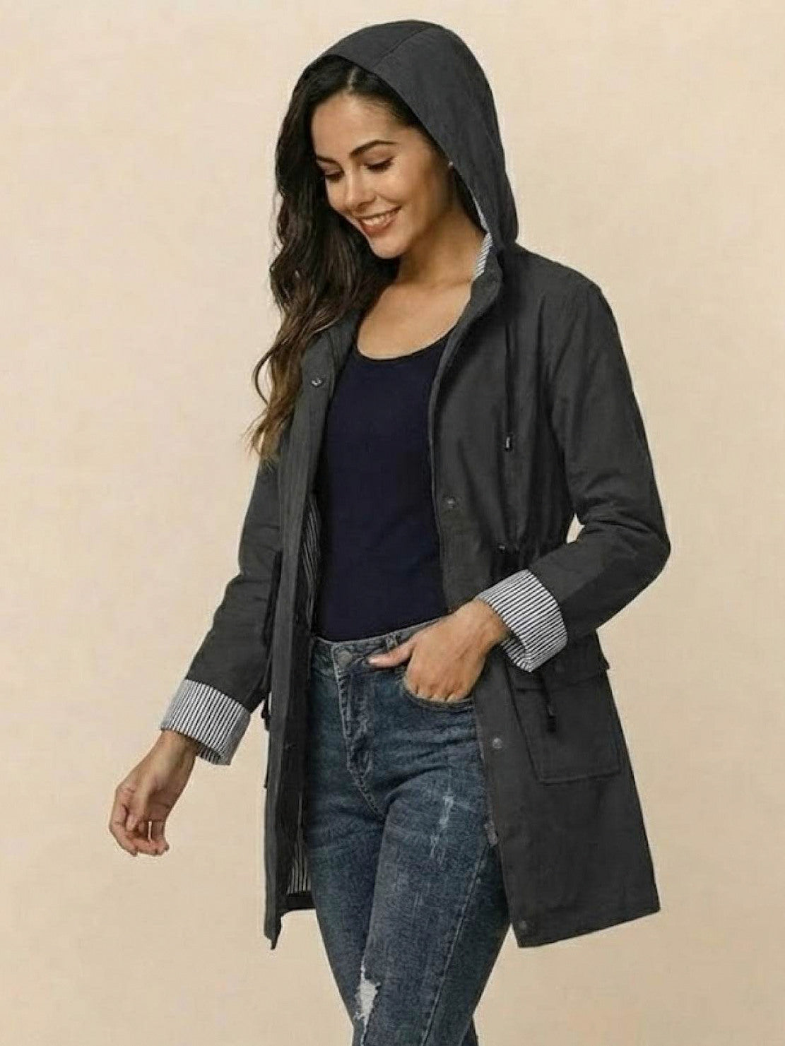 Hooded Drawstring Waist Jacket