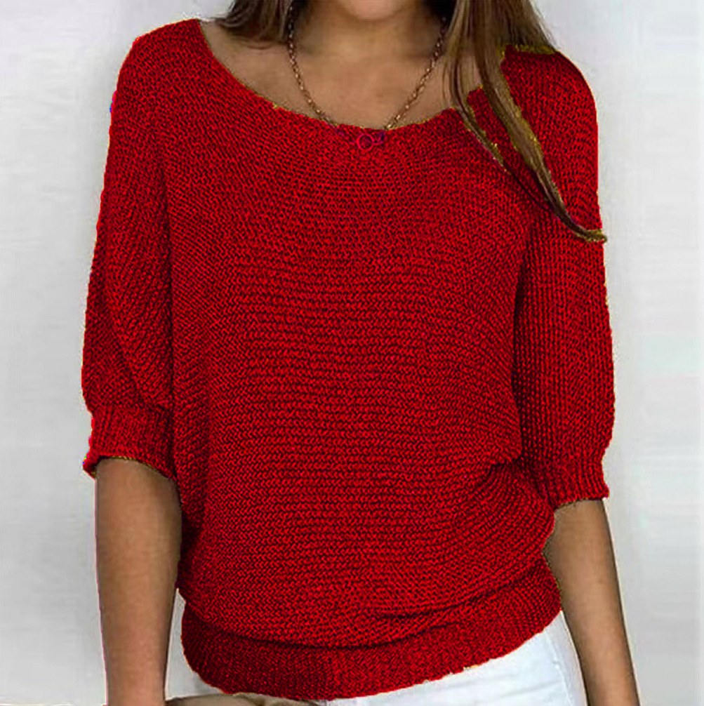 Knit Half Sleeve Scoop Sweater in Red