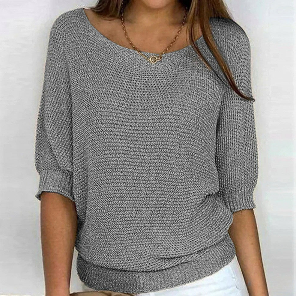 Knit Half Sleeve Scoop Sweater in Gray