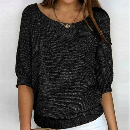 Knit Half Sleeve Scoop Sweater in Black