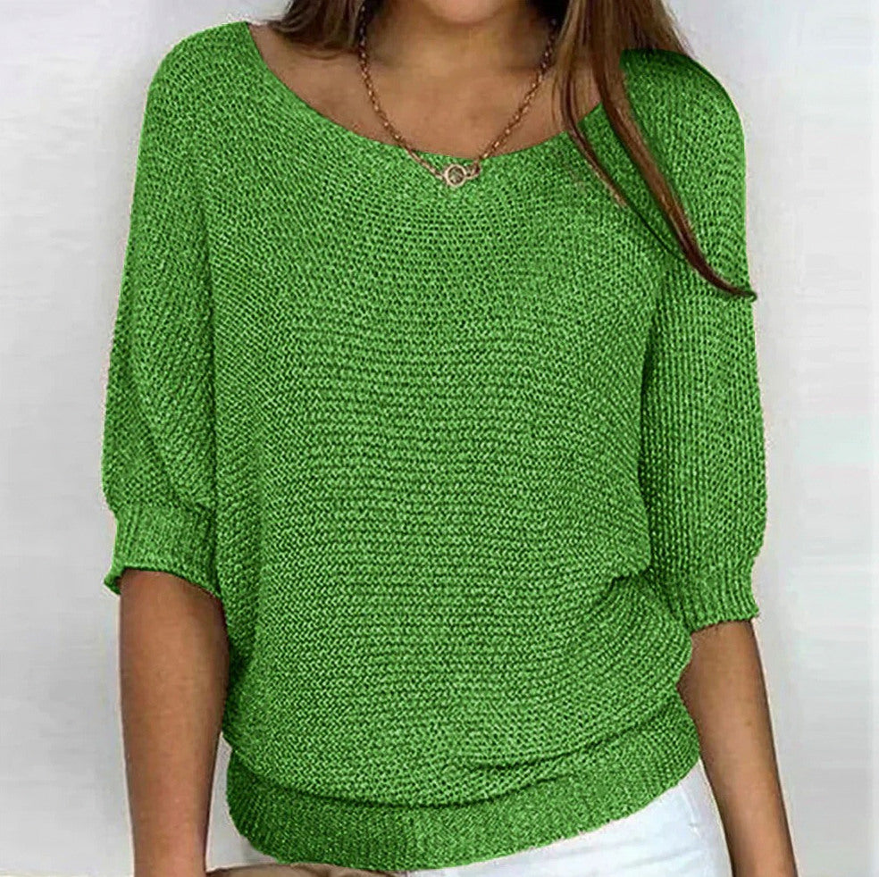 Knit Half Sleeve Scoop Sweater in Green