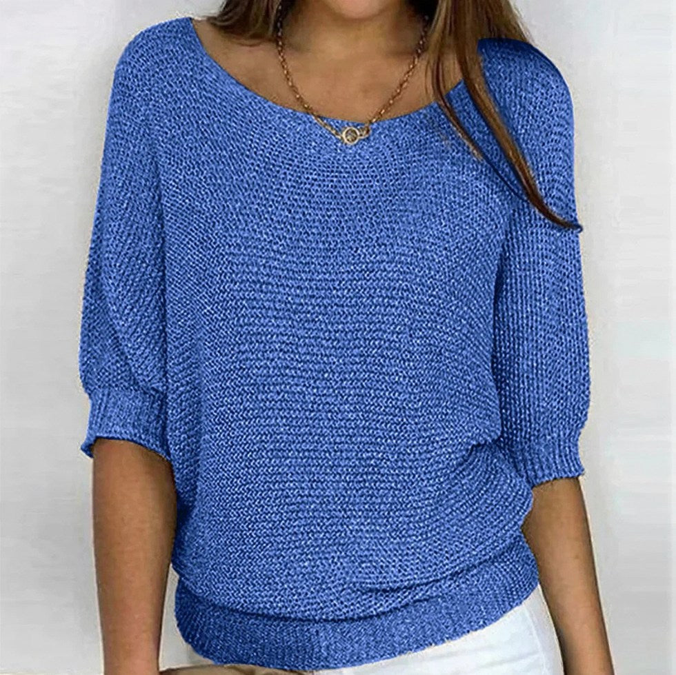 Knit Half Sleeve Scoop Sweater in Blue