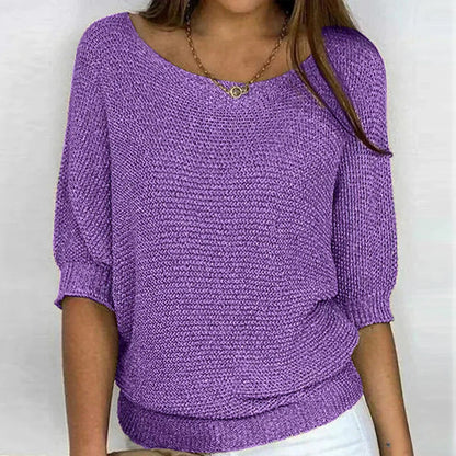 Knit Half Sleeve Scoop Sweater in Purple