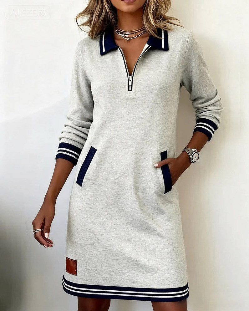 Knit Half Zip Collared Mini Dress in Gray