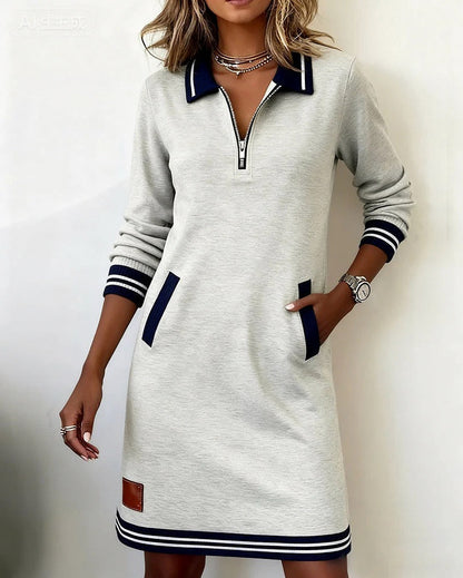 Knit Half Zip Collared Mini Dress in Gray