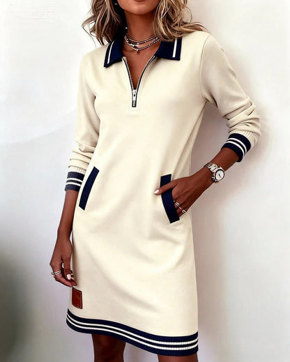 Knit Half Zip Collared Mini Dress in White