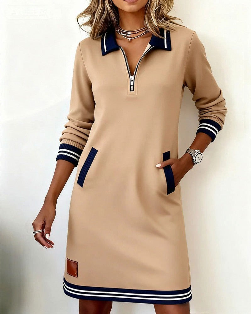Knit Half Zip Collared Mini Dress in Beige