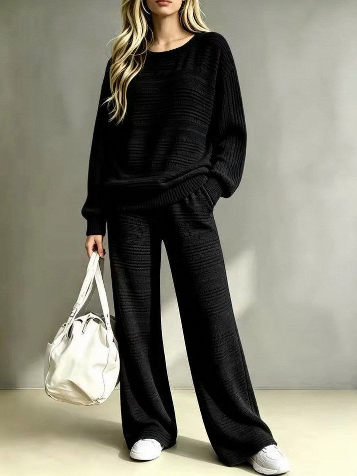 Knit Long Sleeve Wide Leg Two Piece Set