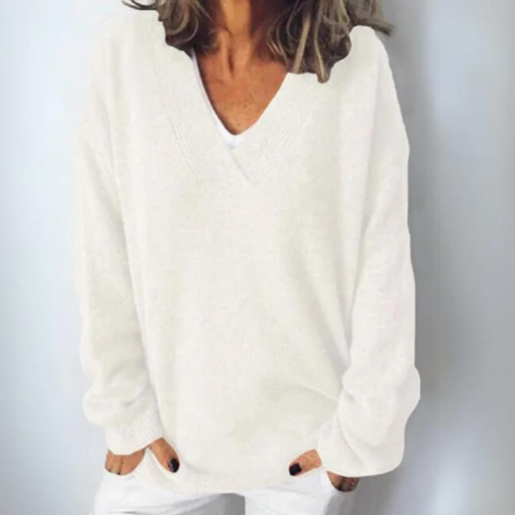 Knit V Neck Oversized Sweater in White