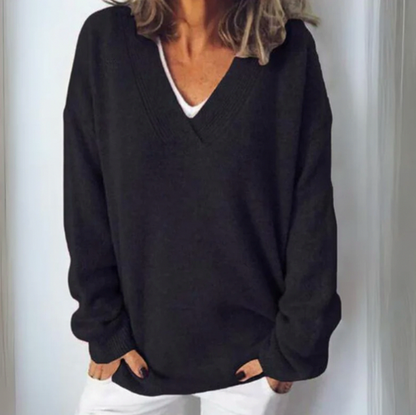 Knit V Neck Oversized Sweater in Black