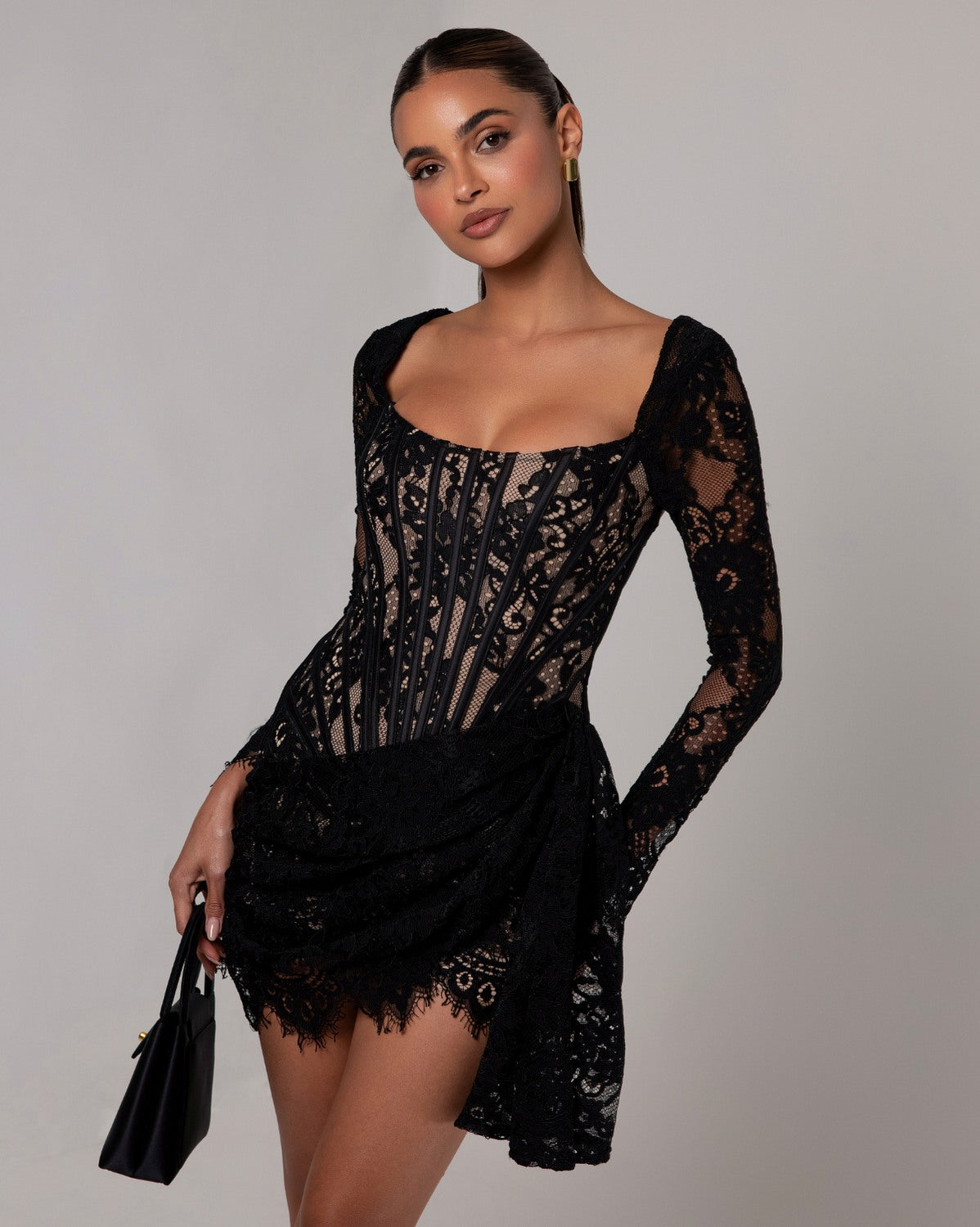 Lace Corset Long Sleeve Mini Dress