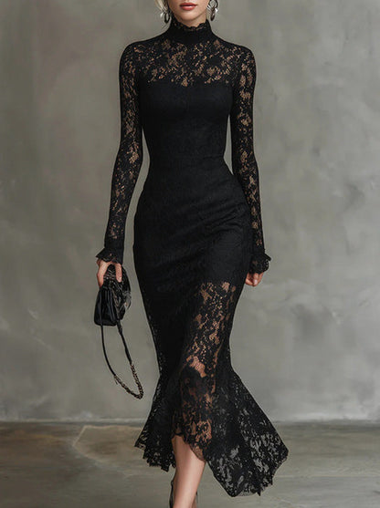 Lace Mock Neck Mermaid Midi Dress in Black