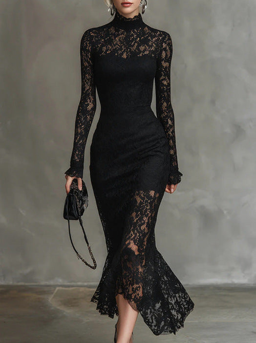 Lace Mock Neck Mermaid Midi Dress in Black